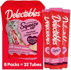 Delectables Squeeze Up Kitten Creamy Squeezable Puree, Lickable Wet Cat Treats, Grain Free, No Added Fillers, No by-Products, No Added Preservatives, 0.5 Ounces Tube Tuna & Salmon, 32 Tubes Total