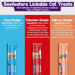 Beefeaters wet cat treats lickable 72 Count Puree Variety Pack - Salmon Tuna Chicken for Hydration & Training, Grain Free Taurine Enriched High Moisture, lickable cat treats squeeze up for Picky Eater