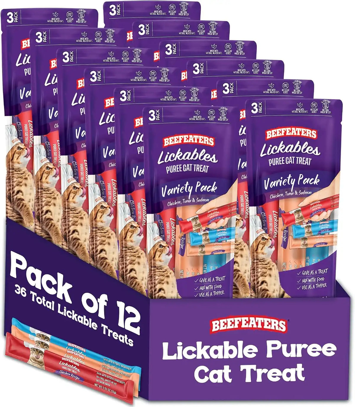 Beefeaters Variety Pack Pure Cat Treats 1.59oz (12 Pack) | Lickable Squeeze Tube Treats, Grain-Free, No Added Sugar, Taurine-Enriched, Ideal for Bonding, Seniors, Toppers & Everyday Treating