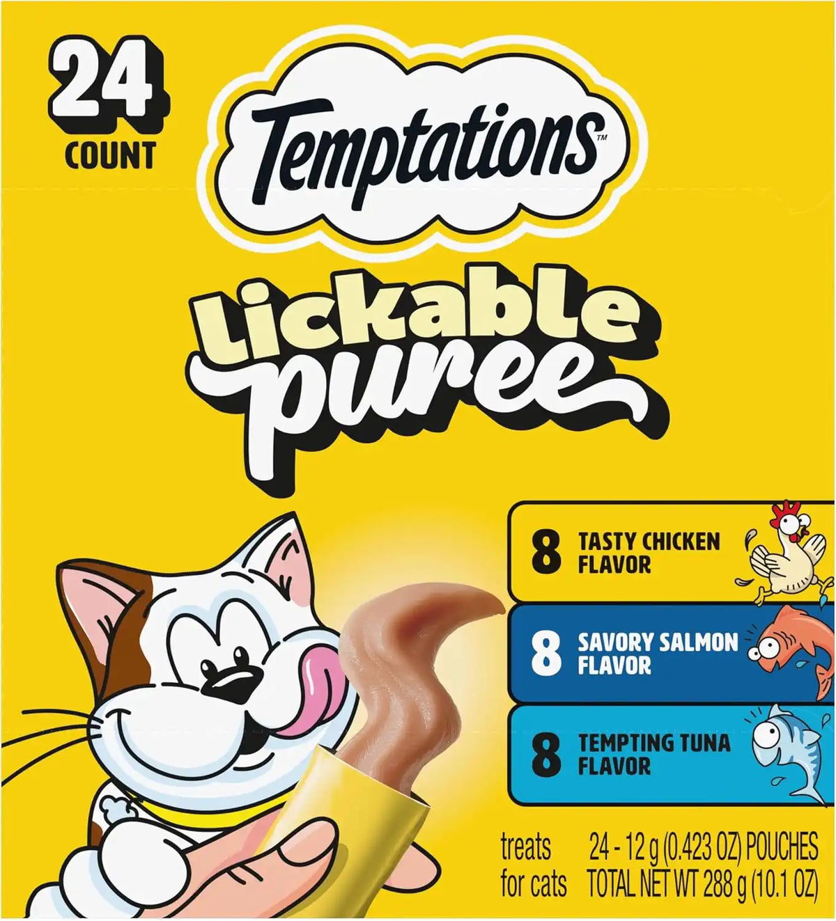 Temptations Creamy Puree Cat Treats, Chicken, Salmon & Tuna, 24 Count | Under 15 calories per tube, great for senior cats, no chewing required, no added sugar, fillers, or artificial preservatives