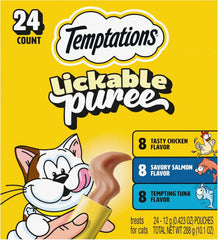 Temptations Creamy Puree Cat Treats, Chicken, Salmon & Tuna, 24 Count | Under 15 calories per tube, great for senior cats, no chewing required, no added sugar, fillers, or artificial preservatives