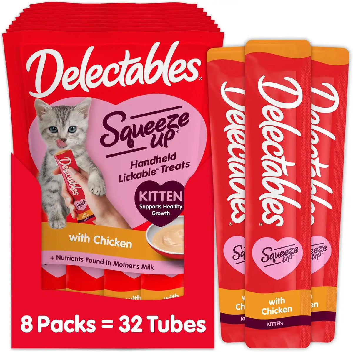 Delectables Squeeze Up Kitten Creamy Squeezable Puree, Lickable Wet Cat Treats, Grain Free, No Added Fillers, No by-Products, No Added Preservatives, 0.5 Ounces Tube Chicken, 32 Tubes Total