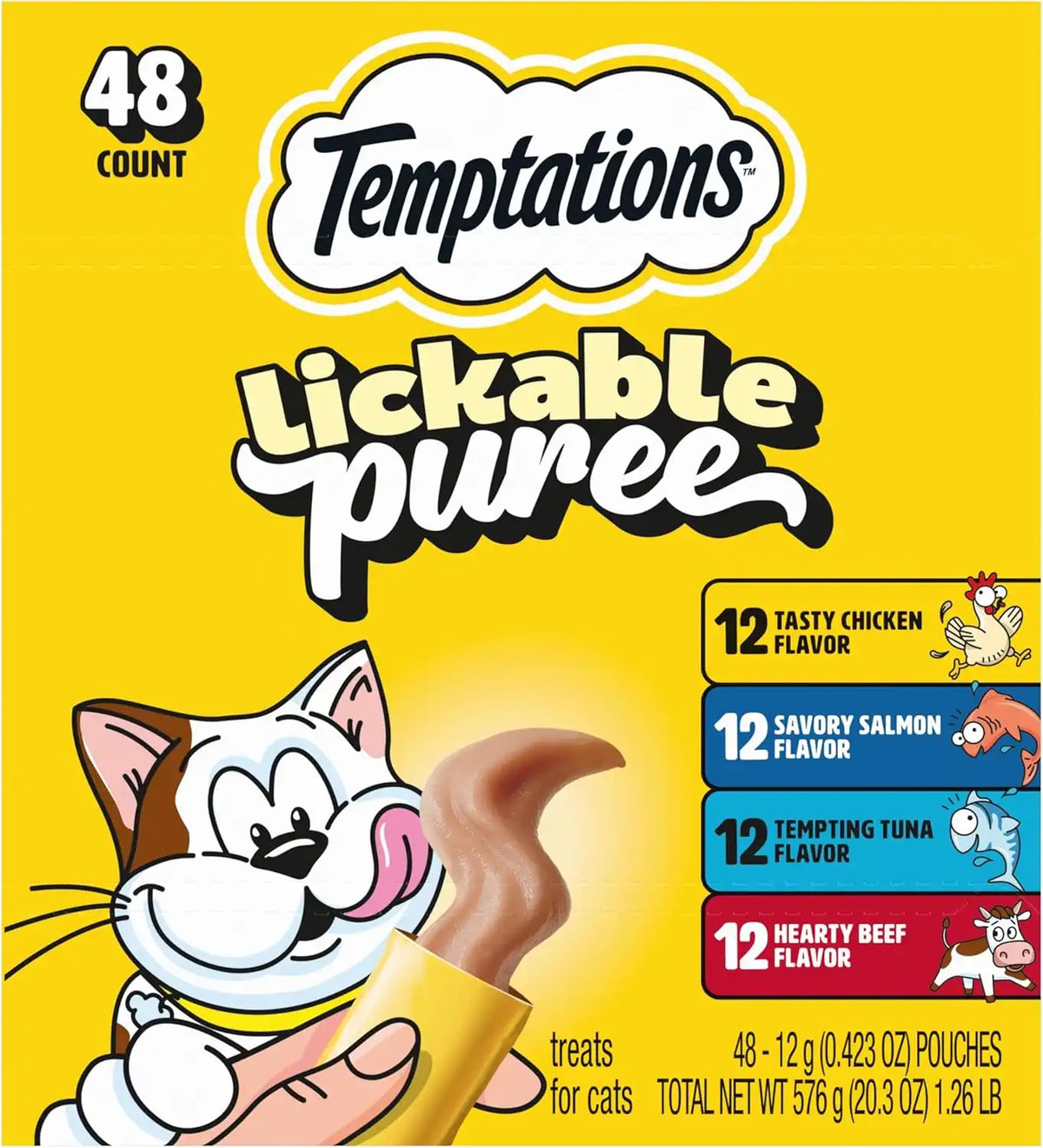 Temptations Creamy Puree Cat Treats, Beef, Chicken, Salmon & Tuna, 48 Count | Beef, Salmon, Chicken & Tuna, under 15 cal/tube, no added sugar or fillers, senior-friendly, meal topper or hand-feed