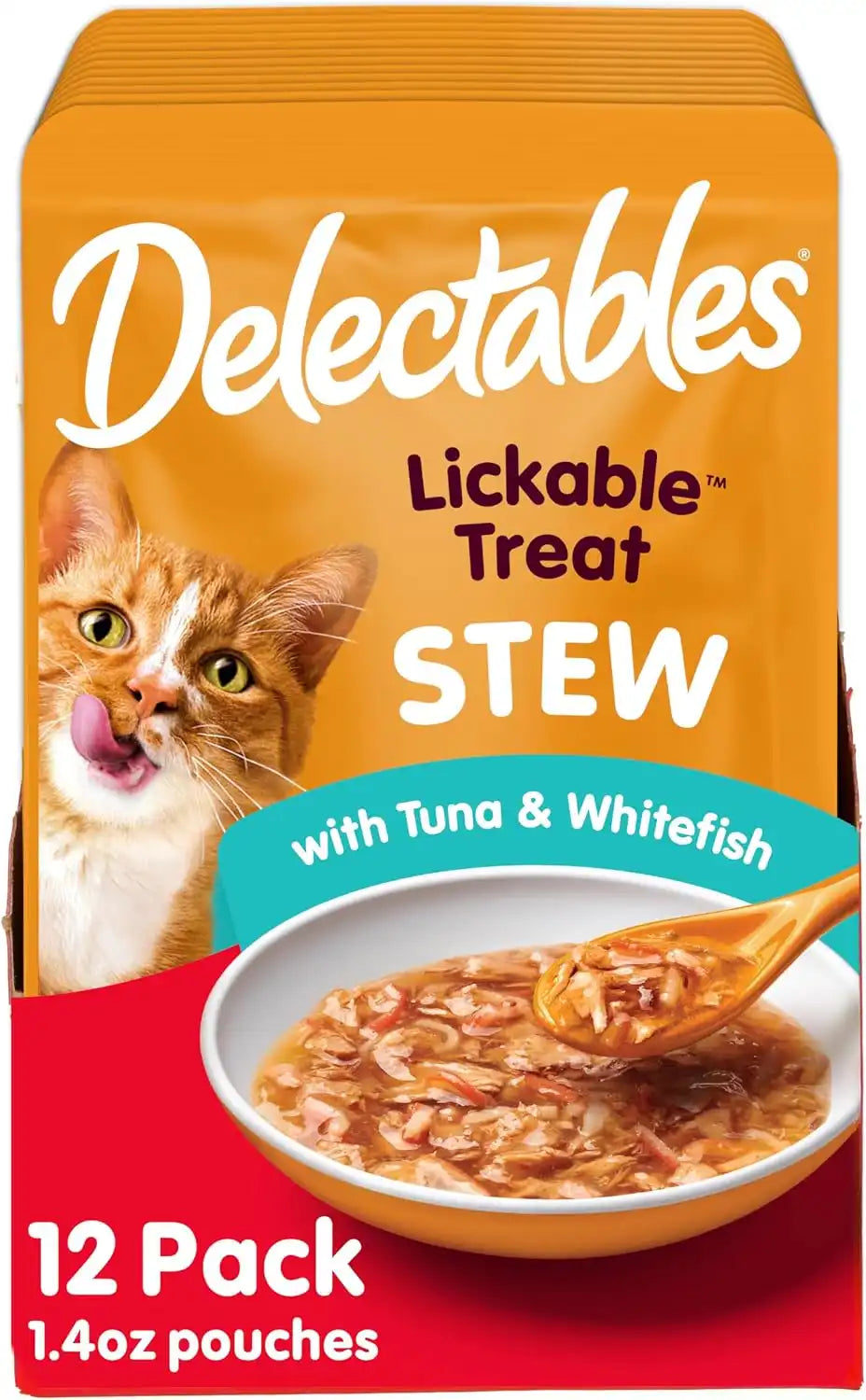 Delectables Lickable Treat Stew Wet Cat Treat with Real Tuna & Whitefish, Food Topper, Hydrating, Grain-Free, No Fillers, No By-Products, No Added Preservatives, 1.4oz Pouch, 12ct