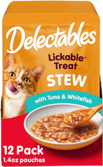 Delectables Lickable Treat Stew Wet Cat Treat with Real Tuna & Whitefish, Food Topper, Hydrating, Grain-Free, No Fillers, No By-Products, No Added Preservatives, 1.4oz Pouch, 12ct