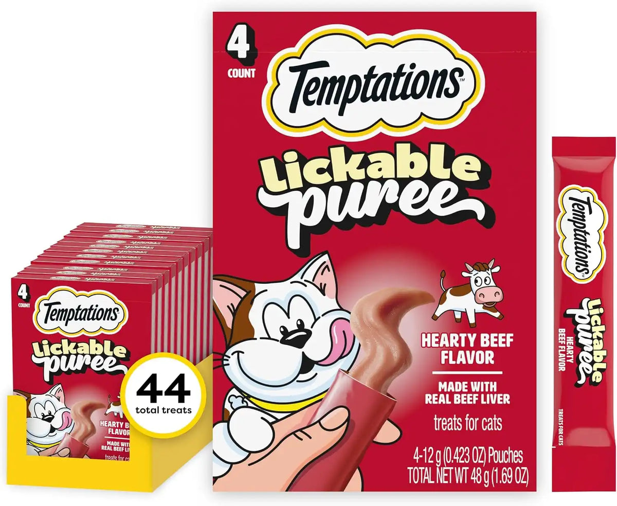 Temptations Creamy Puree Lickable Cat Treats, Beef Liver, 4 Count, 11 Pack | Under 15 calories per tube, great for senior cats, no chewing required, no added sugar, wet squeezable treat, 0.42 oz. Tubes
