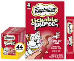 Temptations Creamy Puree Lickable Cat Treats, Beef Liver, 4 Count, 11 Pack | Under 15 calories per tube, great for senior cats, no chewing required, no added sugar, wet squeezable treat, 0.42 oz. Tubes