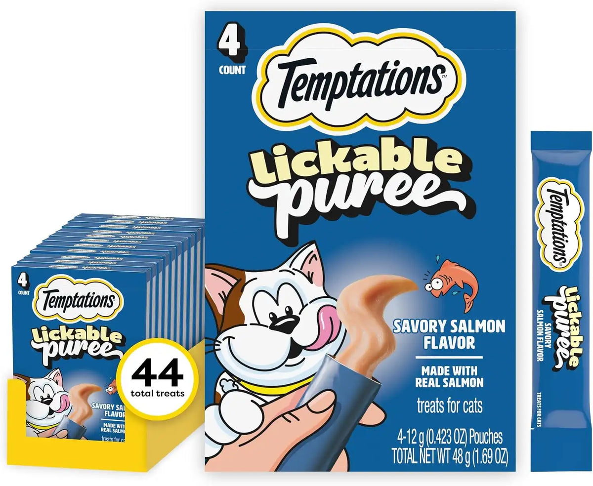 Temptations Creamy Puree Lickable Cat Treats, Salmon, 4 Count, 11 Pack | Under 15 calories per tube, great for senior cats, no chewing required, no added sugar, wet squeezable treat, 0.42 oz. Tubes