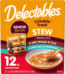 Delectables Lickable Treat Stew Senior 10+ Wet Cat Treat with Real Chicken, Food Topper, Hydrating, Grain-Free, No Fillers, No By-Products, No Added Preservatives, 1.4oz Pouch, 12ct